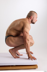 Whole Body Man White Underwear Muscular Kneeling Studio photo references